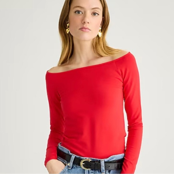 J. crew red Off-the-shoulder long-sleeve shirt top in stretch cotton size XL - Picture 1 of 7